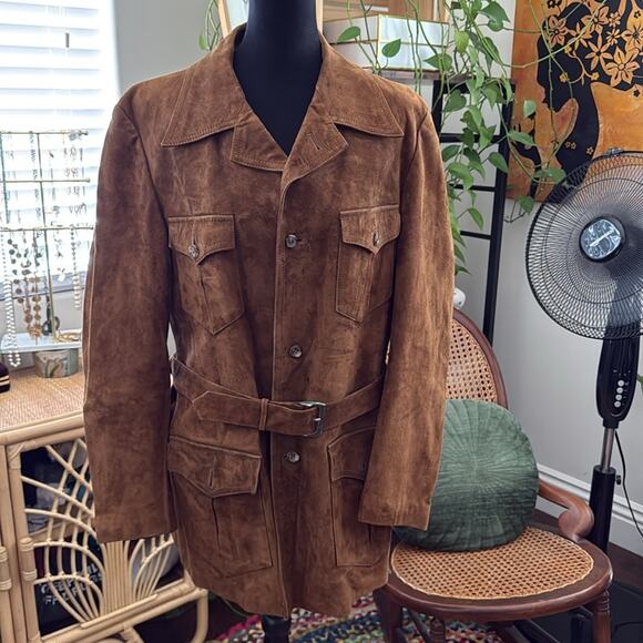 Vintage 70s/80s Men’s Echtes Leder Cognac Suede Button Up Belted Jacket Coat - Picture 1 of 7